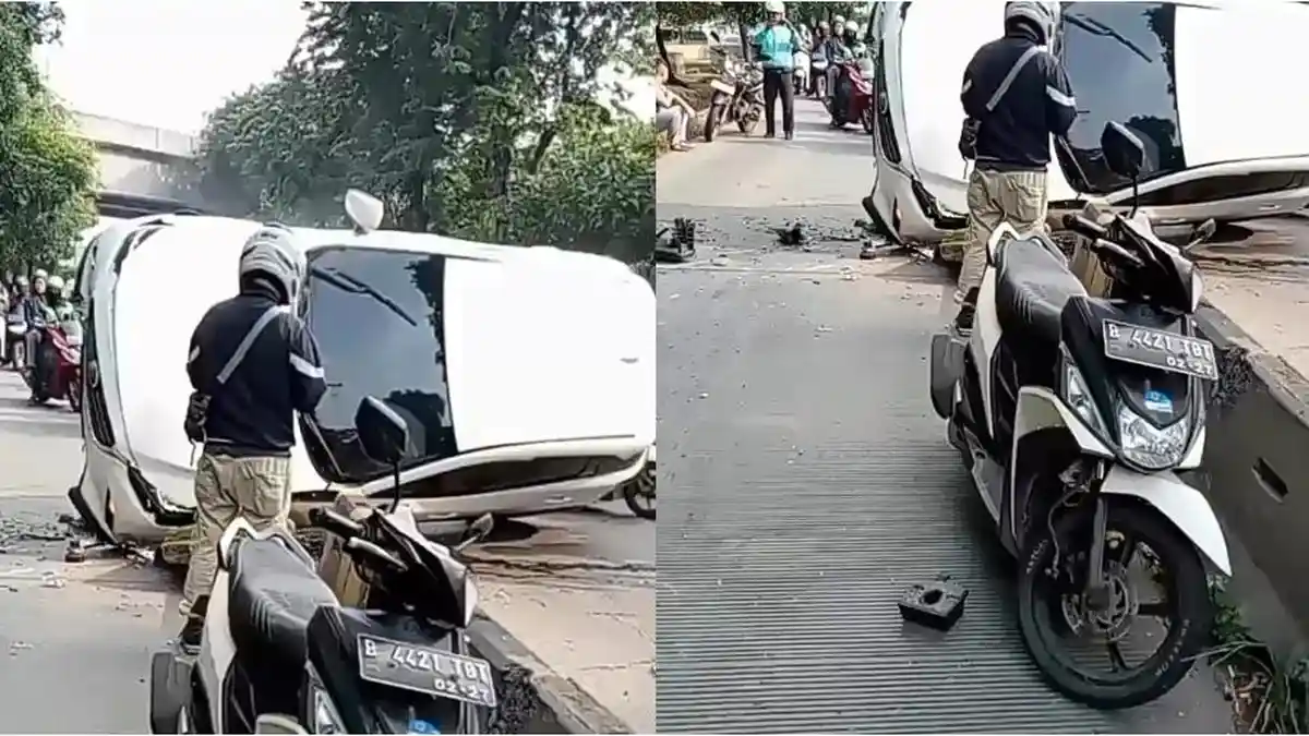 Kecelakaan Hari Ini di Jakarta: Mobil Terguling Tabrak Pembatas Beton Kena Pemotor, 2 Orang Luka