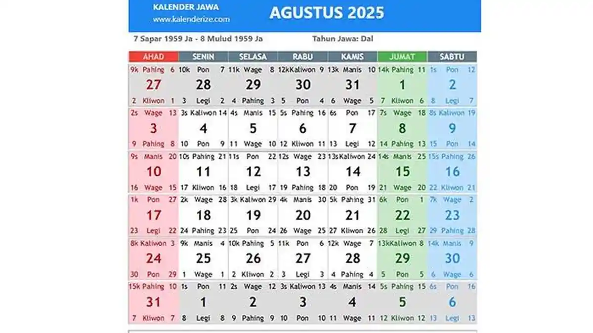 Kalender 2025 Lengkap dengan Weton 23 Agustus 2025, Pasaran Jawa Hari Apa?
