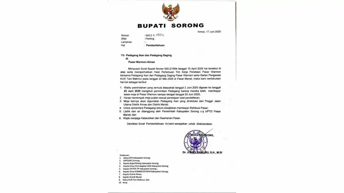 Isi Surat Edaran Bupati Sorong soal Relokasi Pasar Warmon Aimas