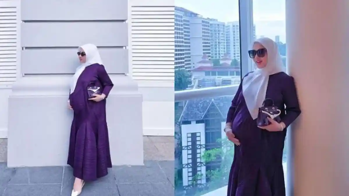 Syahrini Pose Hamil 8 Bulan, Pakai Baju Serba Ungu dan Tenteng Tas Mewah