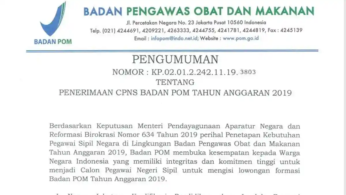 BPOM Rilis 277 Formasi CPNS 2019, Simak Formasi dan Kualfikasi Pendidikan yang Dibutuhkan