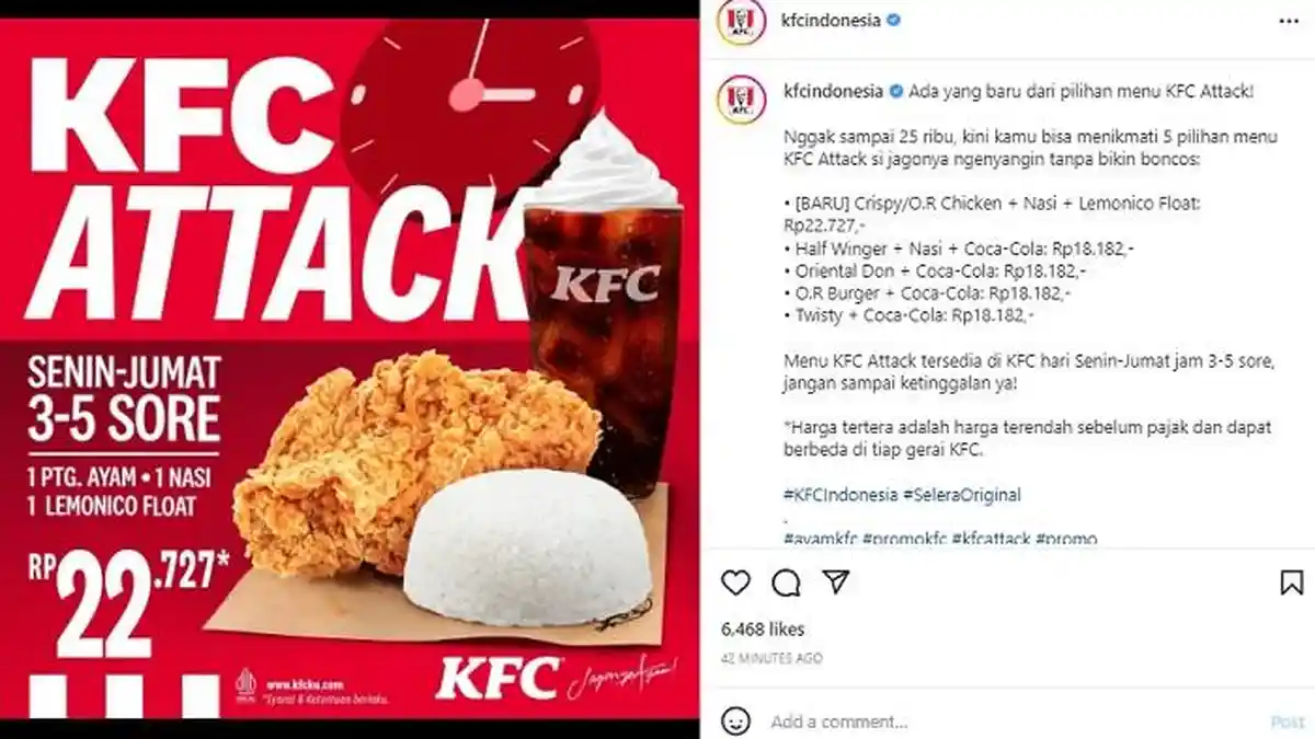 Promo KFC Hari Ini Desember 2022, Nikmati Paket Menu Baru KFC Attack Kurang dari Rp 25 Ribu
