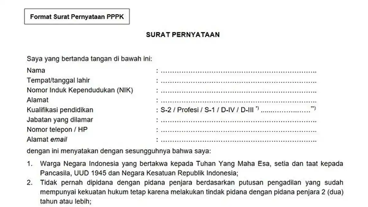 Format Surat Pernyataan 13 Poin PPPK dan Link Download PDF
