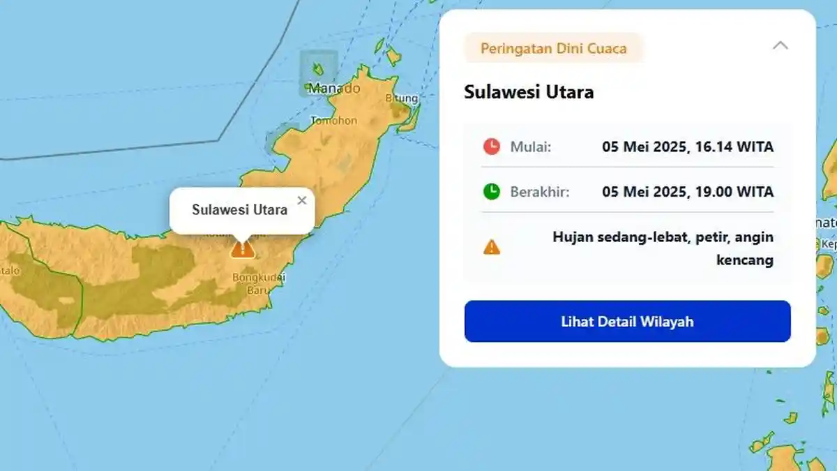 Peringatan Dini Cuaca di Sulawesi Utara Sore Ini, Info BMKG Daftar Daerah Potensi Hujan Lebat