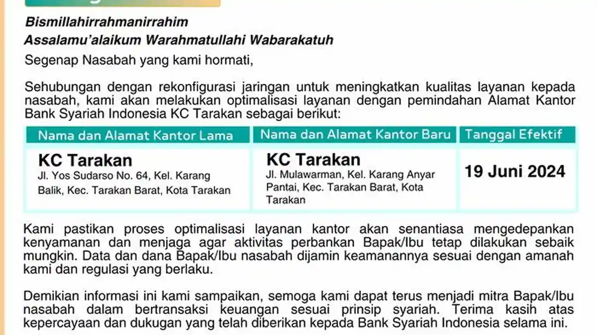 BSI Kantor Cabang Tarakan Kaltara Pindah ke Jalan Mulawarman, Mulai Efektif Beroperasi 19 Juni