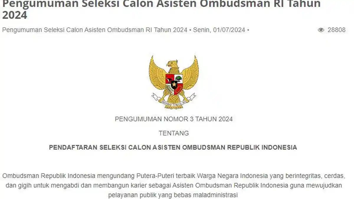 Ombudsman RI Buka Lowongan Kerja untuk Calon Asisten, Lulusan S1 dan S2 Silakan Mendaftar!