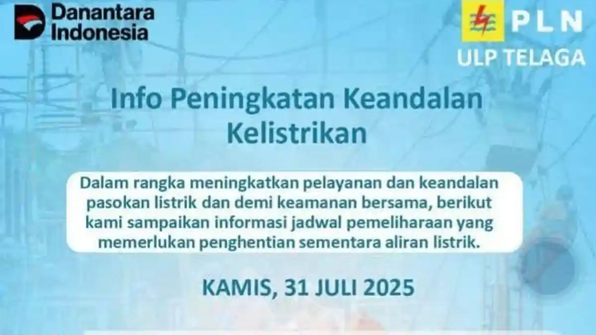 Pemadaman Listrik 8 Jam di Gorontalo Hari Ini Kamis 31 Juli 2025: Ini Wilayah yang Terdampak