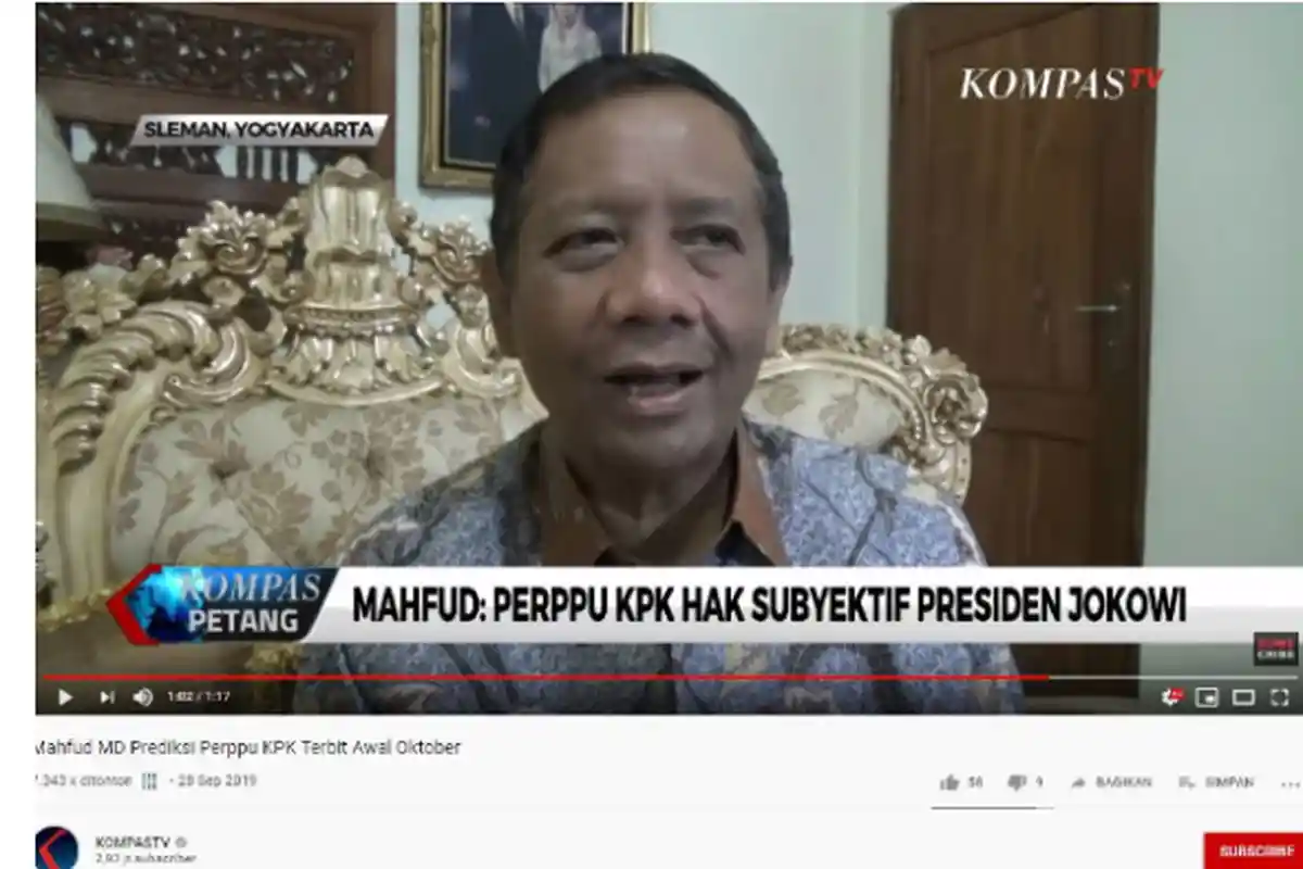 Soal Kapan Perppu Jokowi untuk Cabut UU KPK, Mahfud MD Prediksi: Genting, Mestinya Awal Oktober 2019