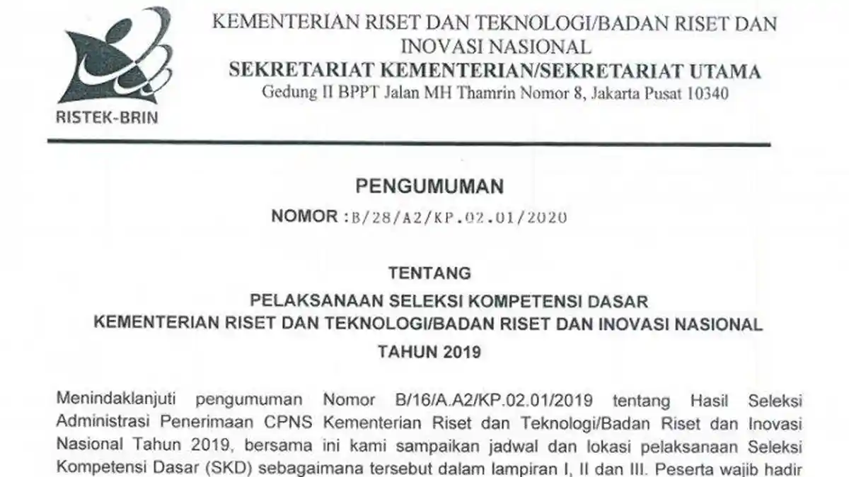 Jadwal dan Lokasi SKD CPNS Kemenristek, Ada 1.191 Peserta yang Dinyatakan Berhak Mengikuti SKD