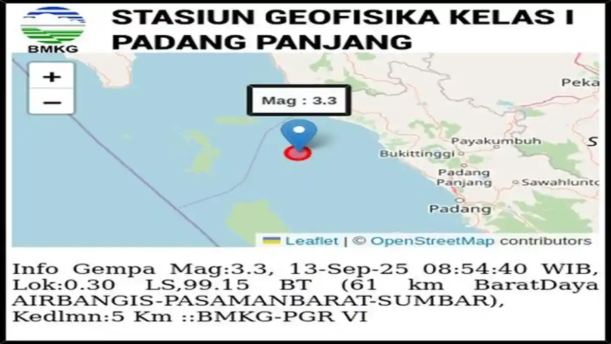 Gempa Magnitudo 3,3 Guncang Air Bangis Pasaman Barat pada Sabtu Pagi