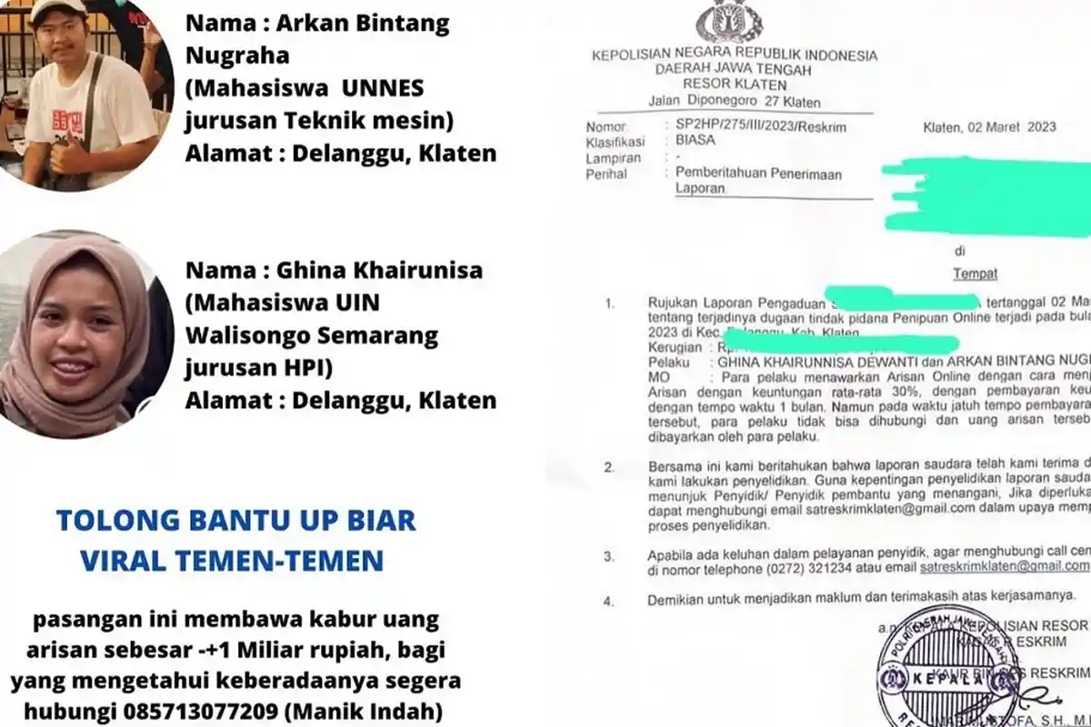 BREAKING NEWS, 2 Mahasiswa Semarang Arkan dan Ghina Dilaporkan Kasus Arisan Online Tipu Rp 3 M