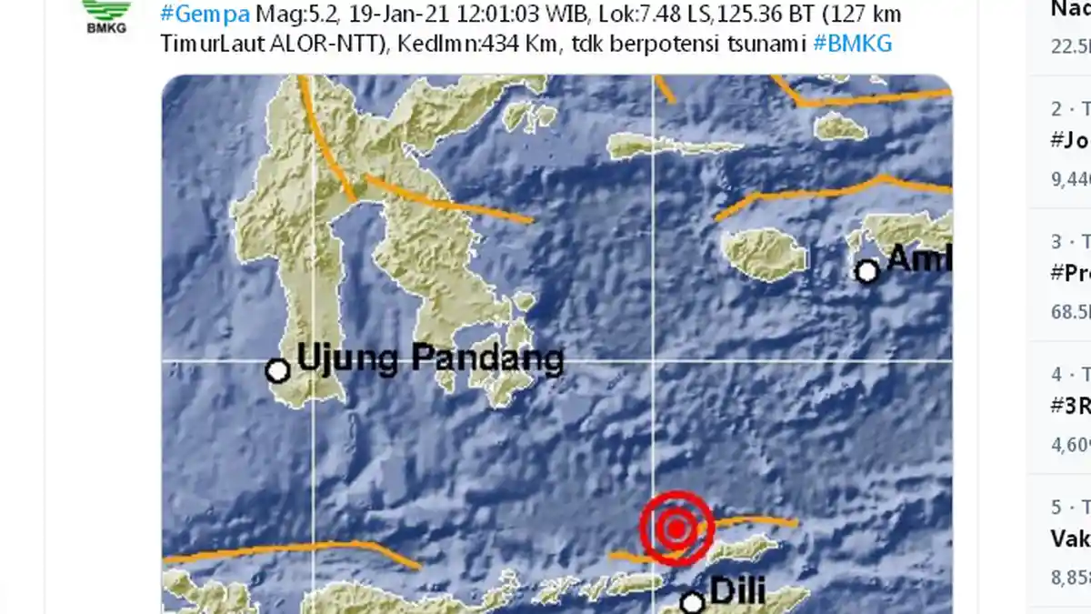 BARU Saja Gempa 5,2 Mengguncang Alor Selasa Siang Ini, Berikut Unggahan BMKG