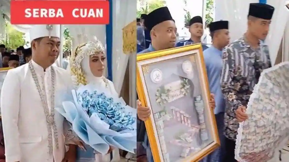 VIRAL Pernikahan Unik, Pengantin Pria Bawa Seserahan Serba Uang: Payung dan Kue Terbuat dari Uang