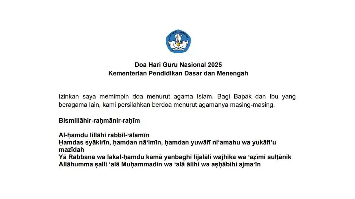 Naskah Doa Upacara Hari Guru Nasional 2025 Resmi dari Kemendikdasmen
