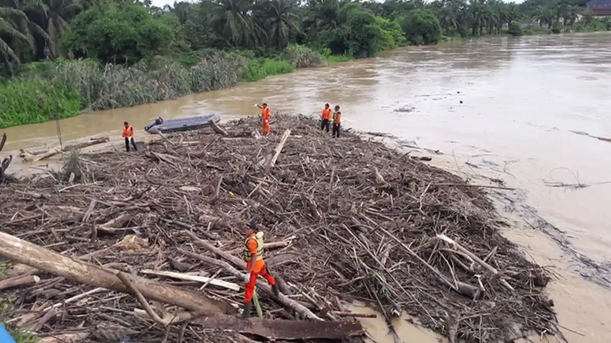Sampah Kayu Menumpuk di Bawah Jembatan Titi Kuning Rantau Aceh Tamiang