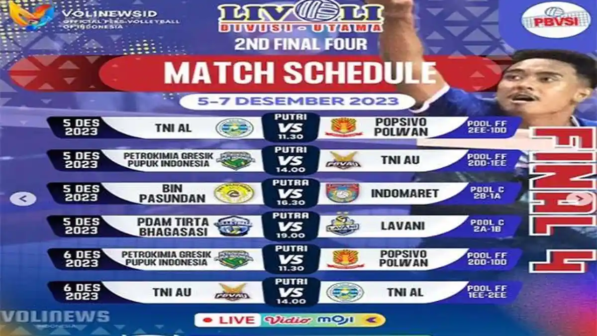 Jadwal Final Four Livoli Divisi Utama 2023 Lengkap Jam Tayang Rabu 6 Desember