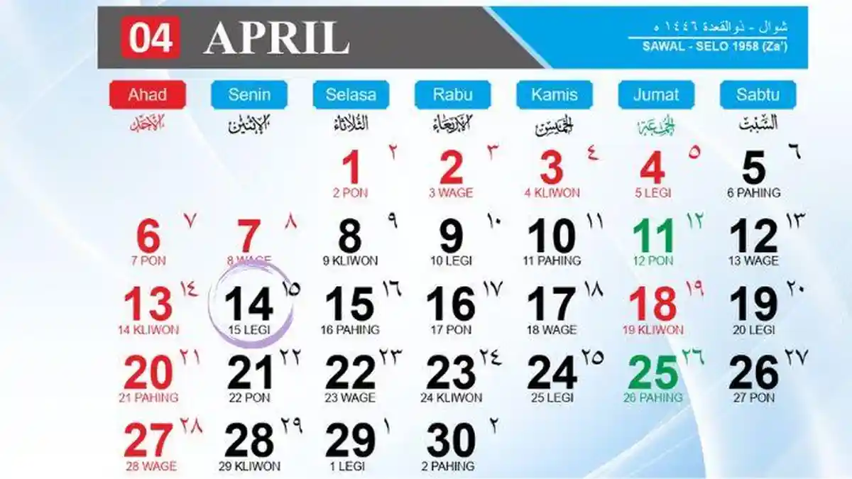 Kalender 2025: Penanggalan Jawa 14 April Apakah Hari Baik? Dilengkapi Weton Hingga Neptu