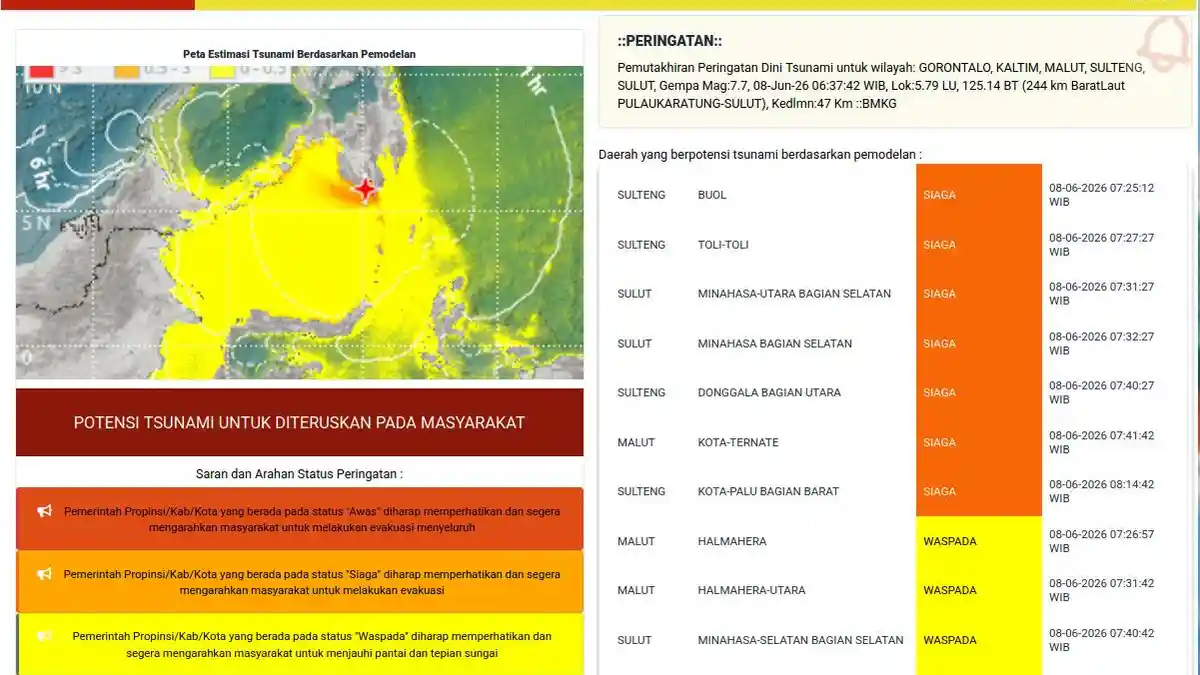 BMKG Keluarkan Peringatan Dini Tsunami Pasca Gempa M7,7 Mindanao Filipina, Ternate Status Siaga