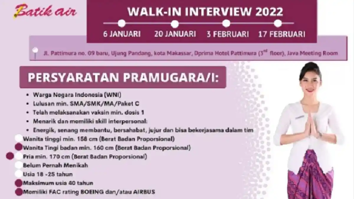 Lowongan Kerja Batik Air, Lulusan SMA/SMK/Paket C Bisa Daftar, Simak Persyaratannya