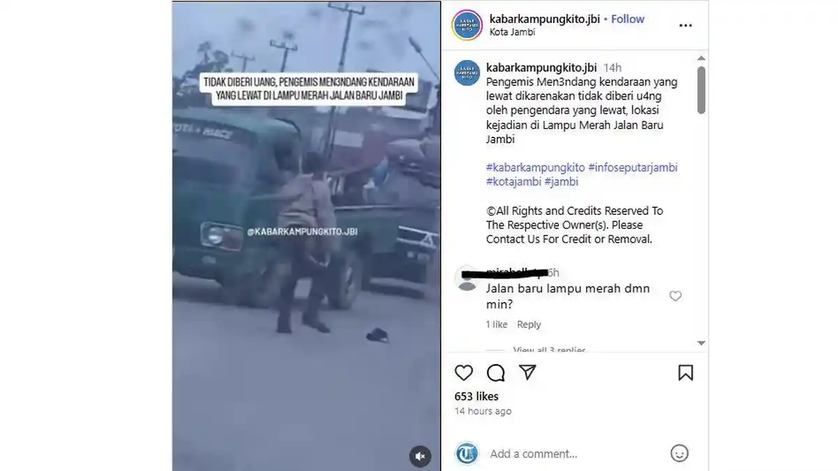 Viral Pengemis di Jambi Tendang Kendaraan, Diduga Tak Diberi Uang