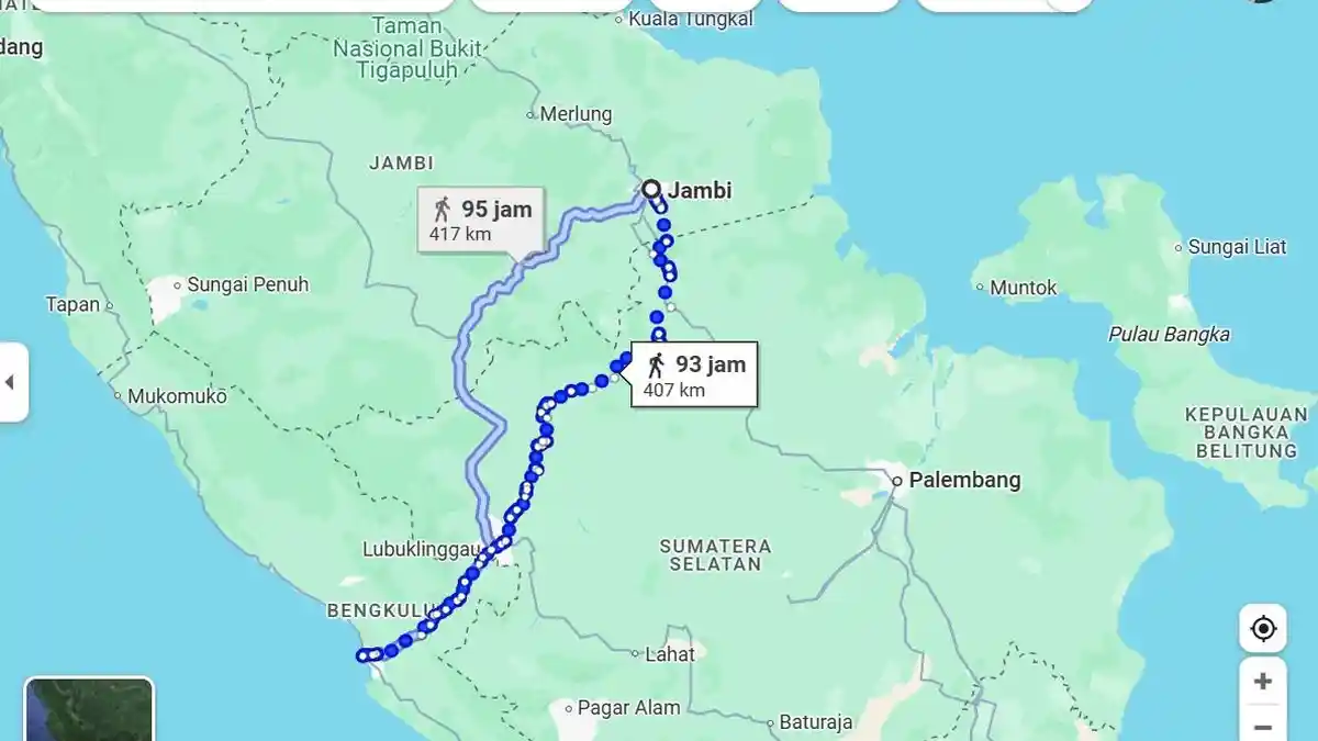 Jarak Jambi Bengkulu di Google Maps 448 Km, Naik Mobil 10 Jam Jalan Kaki Hampir 4 Hari