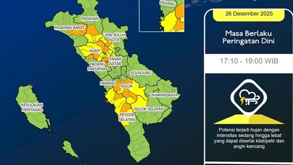 Update Peringatan Dini Cuaca Sumbar, Hujan Lebat dan Angin Kencang Hantam Sejumlah Wilayah Sore Ini