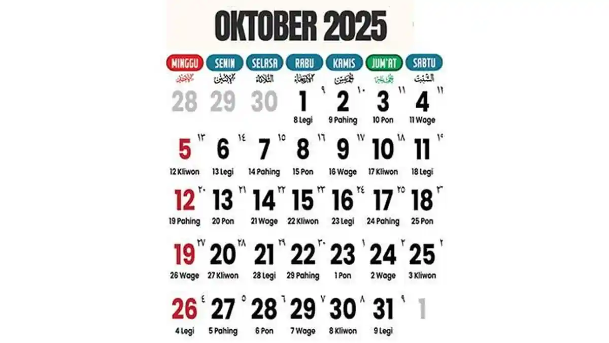 Kalender Oktober 2025 Lengkap dengan Pasaran Kliwon, Simak Jadwal Hari Apa?