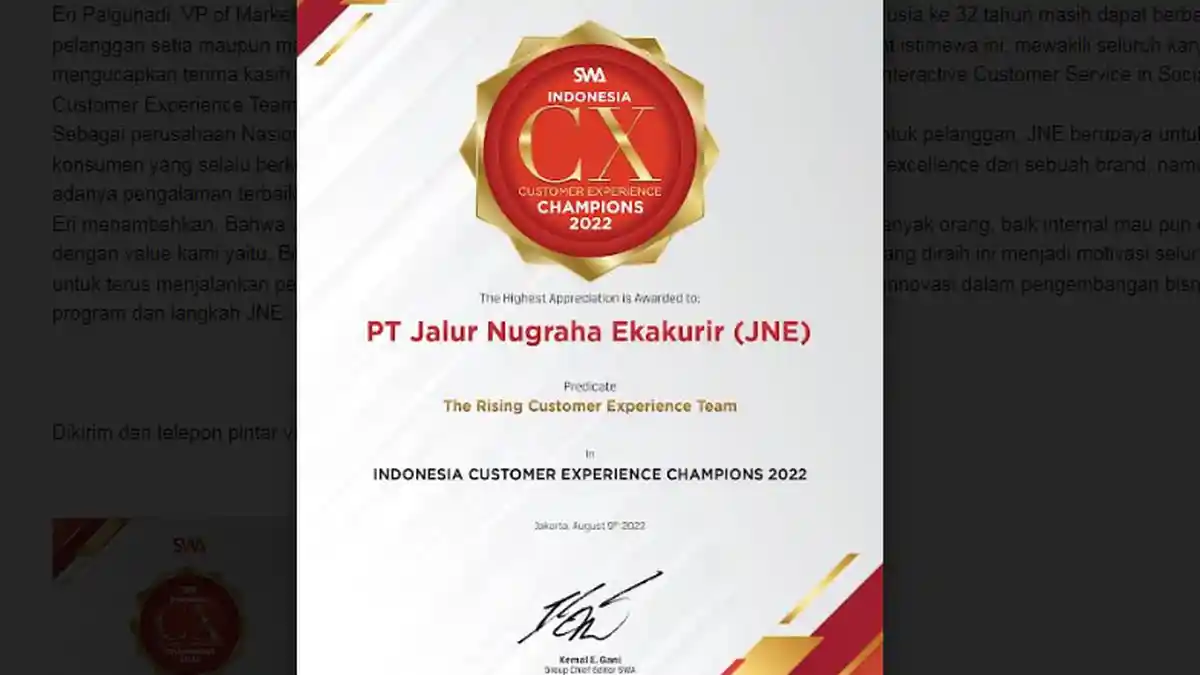 JNE Raih 2 Penghargaan Bergengsi Kriteria Pelayanan Pelanggan