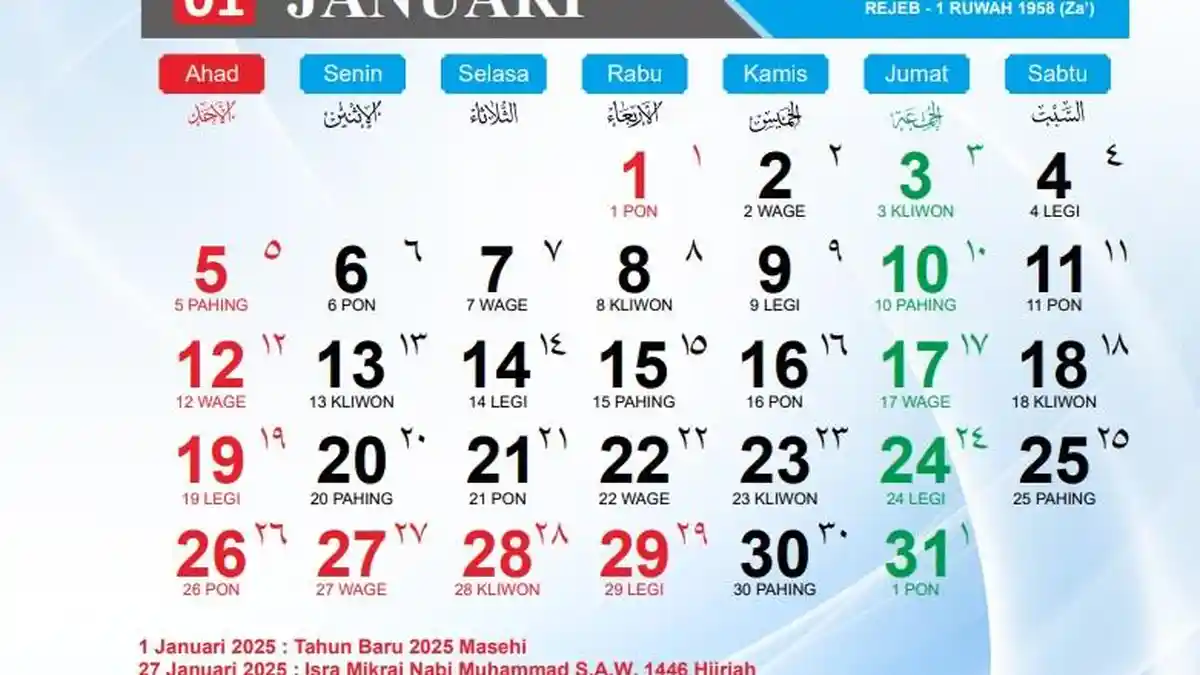 Kalender Januari 2025 Lengkap dengan Weton Tanggal 29 Januari