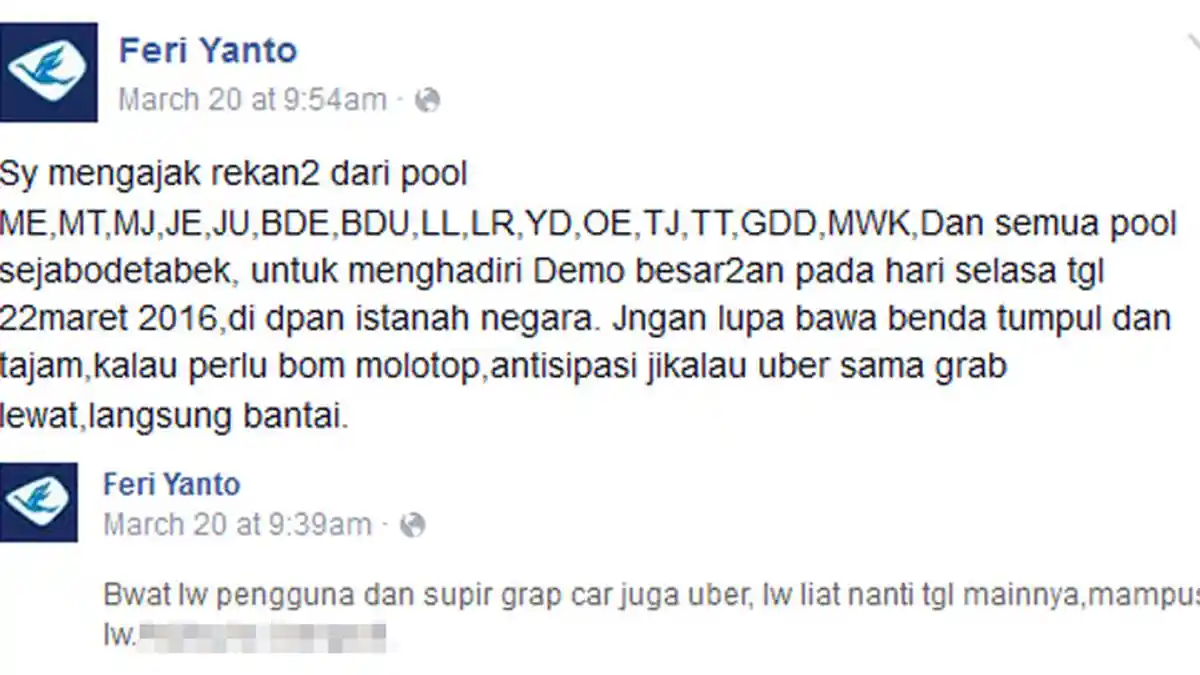 Beredar di Facebook, Ajakan Sopir Taksi Bawa Bom Molotov dan Senjata Tajam