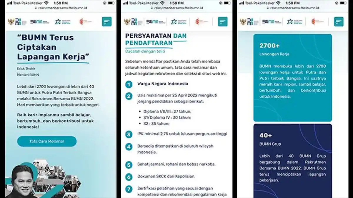Akses rekrutmenbersama.fhcibumn.id, Rekrutmen Bersama BUMN 2022 Dibuka 14 April