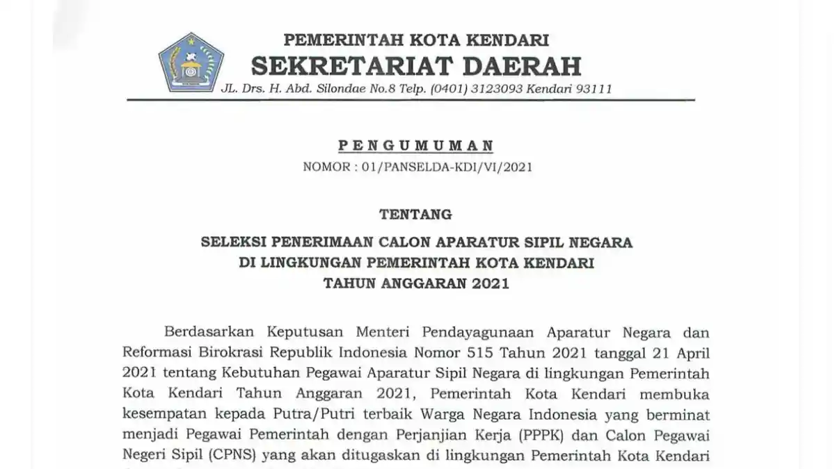 BKPSDM Kota Kendari Sebut Pelamar CPNS dan PPPK 2021 Bisa Setor Berkas Lewat Jadwal Pendaftaran