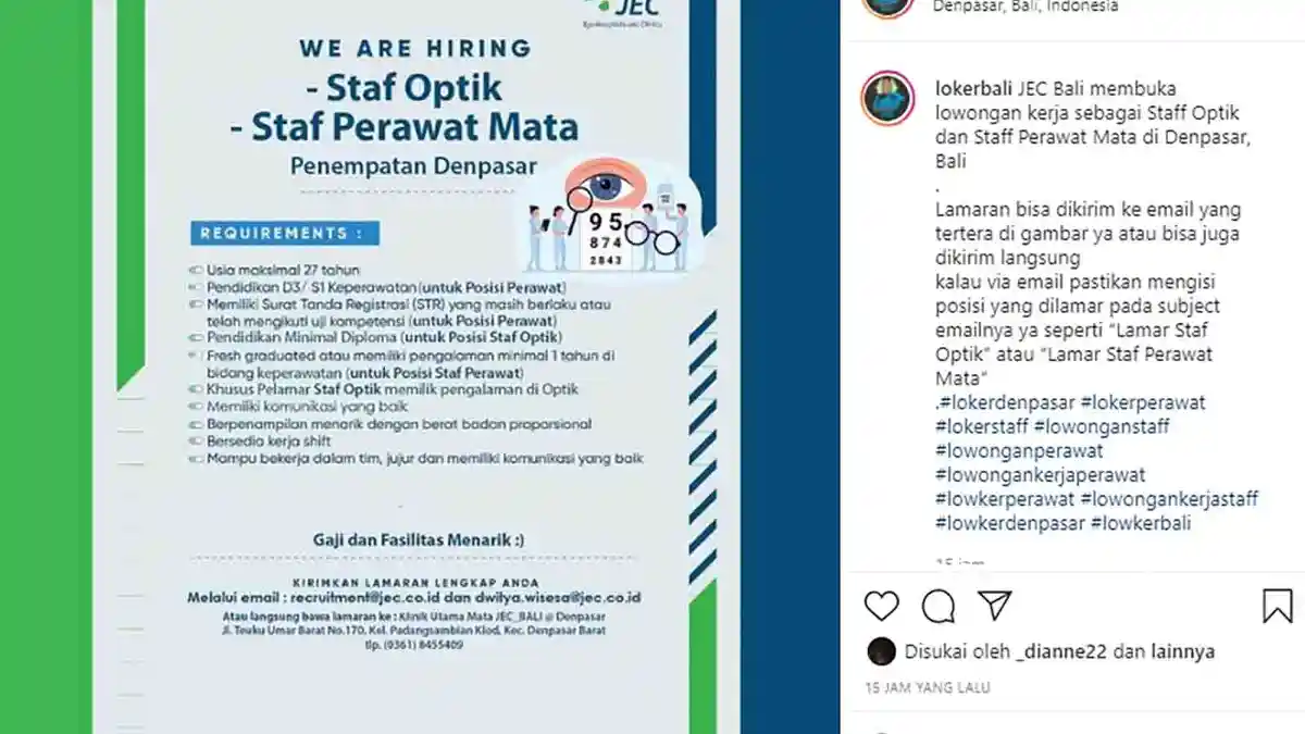 Lowongan Kerja di Denpasar, Klinik Utama Mata JEC Bali Membutuhkan Staf Optik dan Staf Perawat Mata