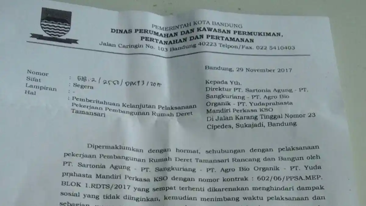 Pemkot Bandung Beri Surat untuk Para Pengembang, Ternyata Isinya Bikin Geram Warga Tamansari