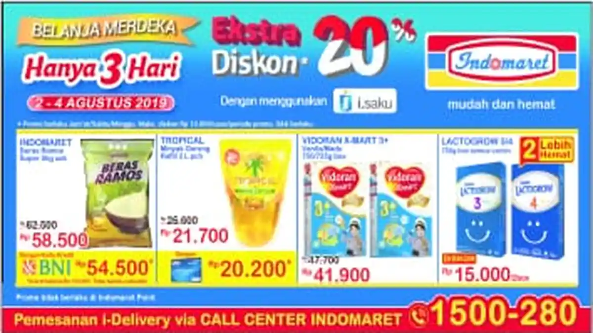 BELANJA MERDEKA di Indomaret Ekstra Diskon 20% Dengan i. Saku, Buruan, Hanya 3 Hari