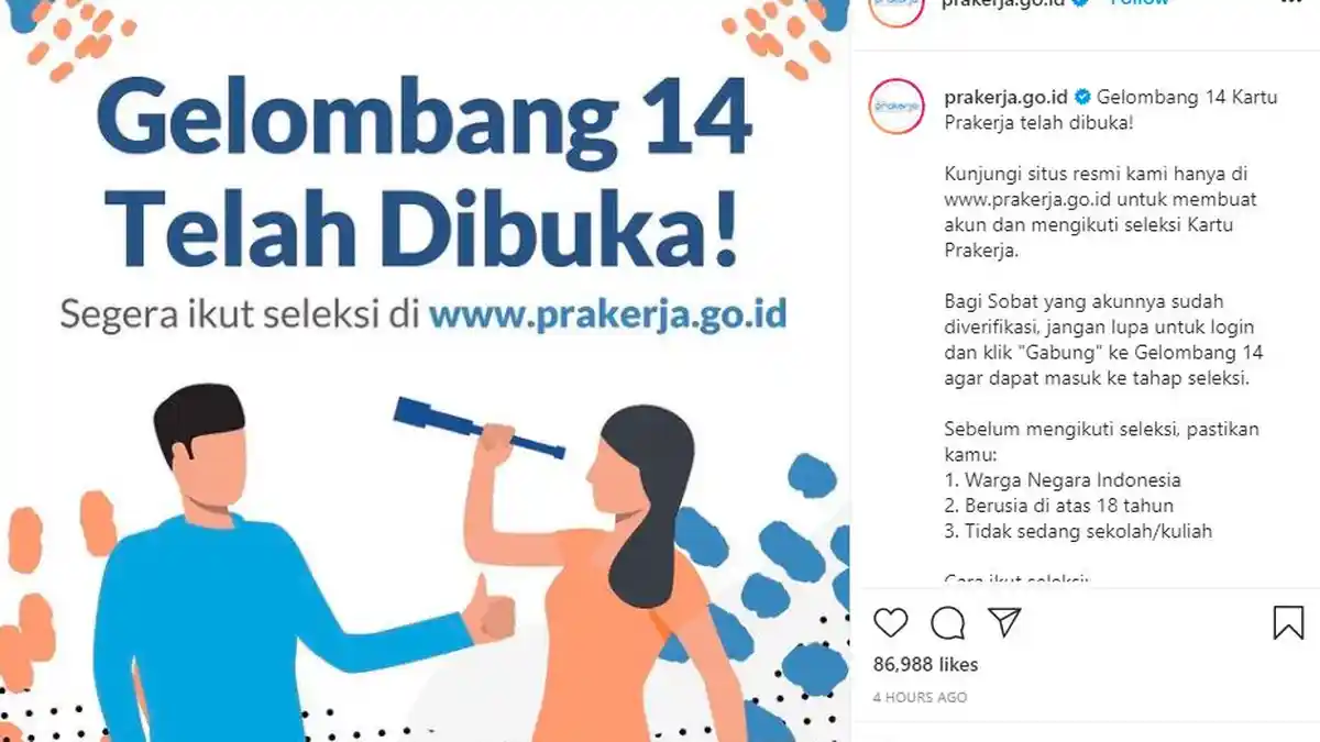 Pendaftaran Kartu Prakerja Gelombang 14 Resmi dibuka, Cek Persyaratannya Disini