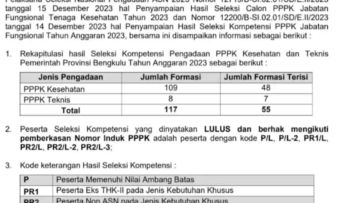 Arti Kode P, PR1, PR2, L, L2, L3, TL, TMS, TH pada Hasil Seleksi PPPK Pemprov Bengkulu 2023
