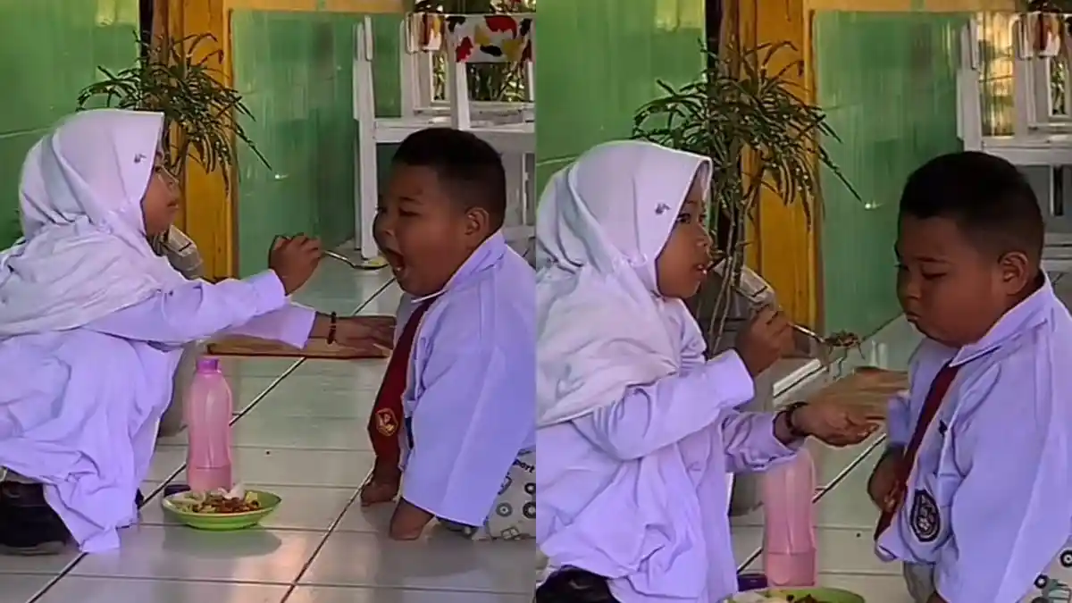 Begini Momen Siswi SD Suapi Makanan pada Teman dengan Keterbatasan Fisik Bikin Warganet Mewek