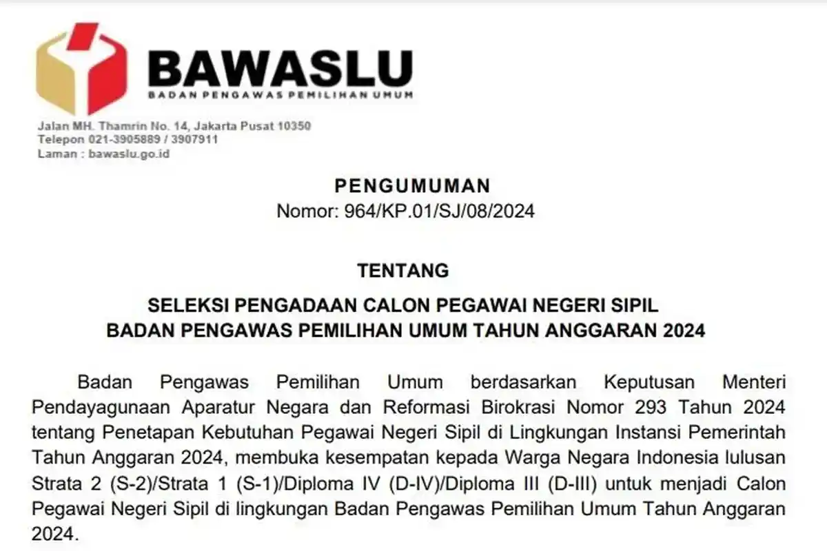 Link Download PDF Pengumuman dan Rincian Formasi CPNS 2024 Bawaslu sscasn.bkn.go.id