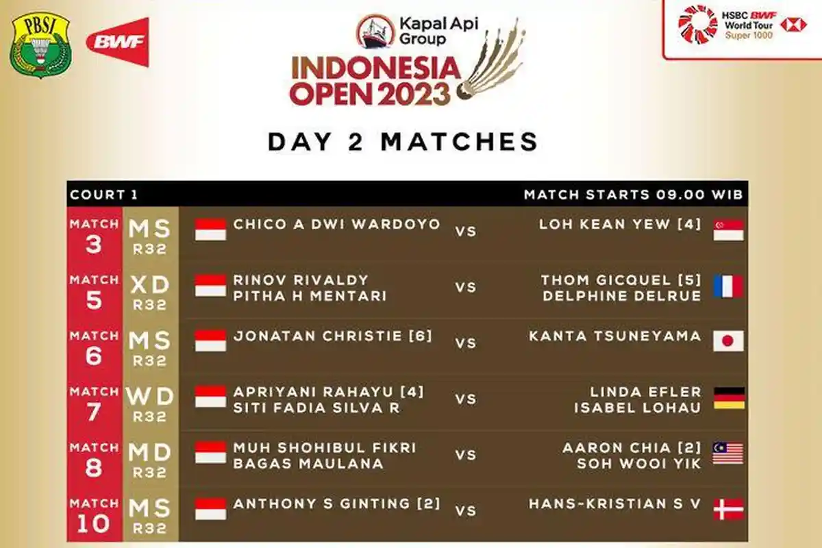 Jadwal Indonesia Open 2023 Hari ke-2 di Istora, The Daddies Main dan Ginting Main