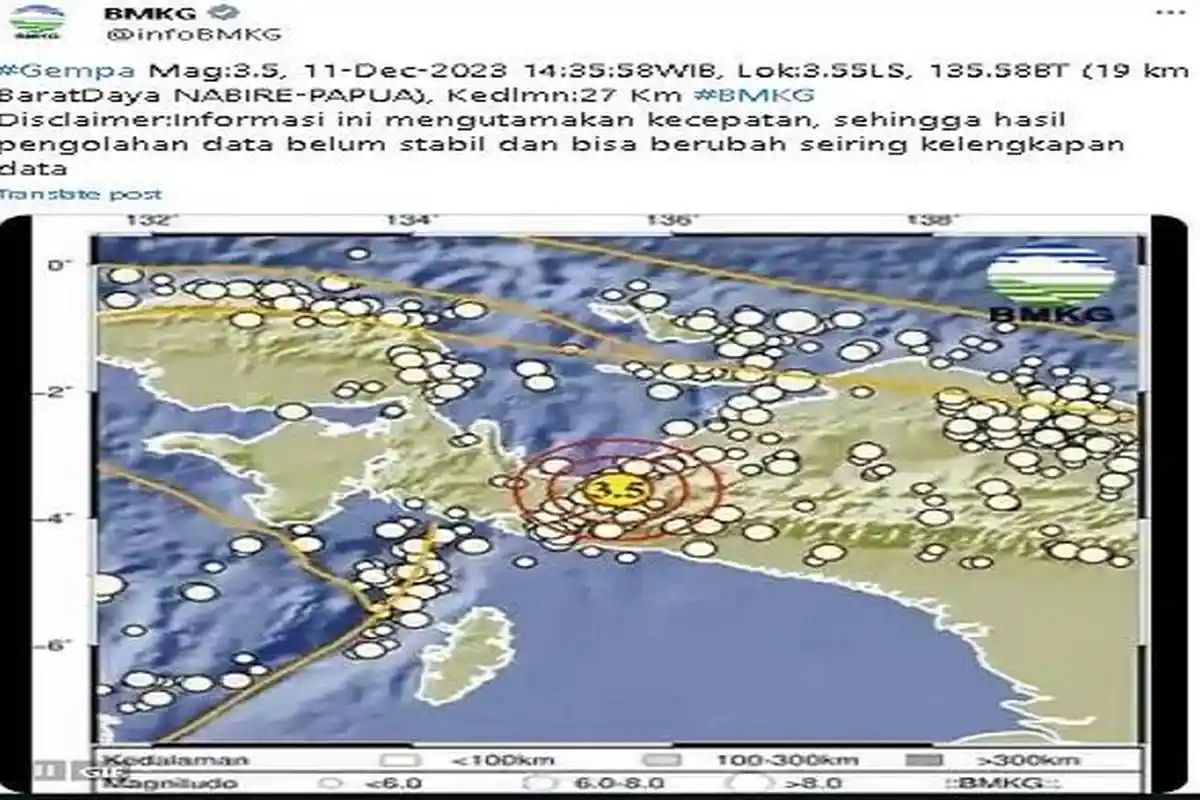 Gempa Hari Ini Kembali Getarkan Wilayah Papua, Kali Ini di Nabire Bermagnitudo 3.5