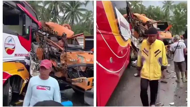 Bus Gumarang Jaya Adu Banteng dengan Truk Fuso, 2 Sopir Terjepit Kabin