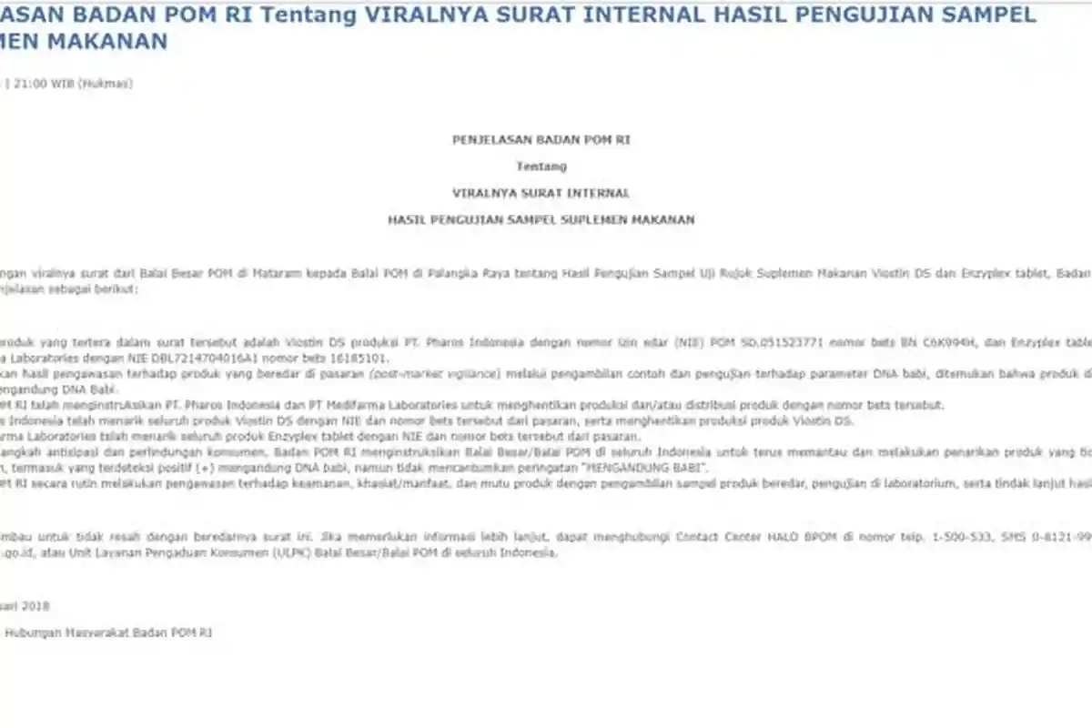 BPOM: Viostin DS dan Enzyplex Tablet Terbukti Positif Mengandung DNA Babi