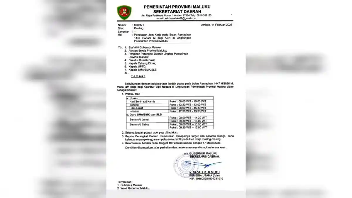 Ini Jadwal Jam Kerja Pemprov Maluku Selama Bulan Suci Ramadan 2026, 