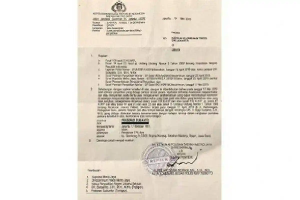 Beredar Foto yang Disebut SPDP Kasus Dugaan Makar Prabowo Subianto Jadi Tersangka, Ini Isinya