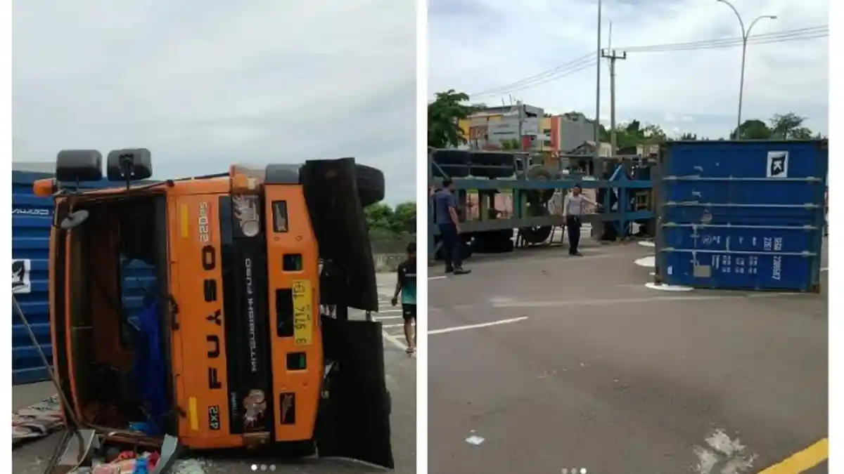 Kecelakaan Hari Ini di Depok, Truk Tronton Terguling di Pintu Keluar Tol Margonda