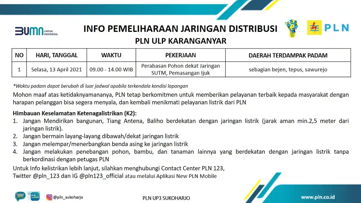 Info Pemeliharaan Jaringan Listrik PLN ULP Karanganyar Selasa 13 April 2021