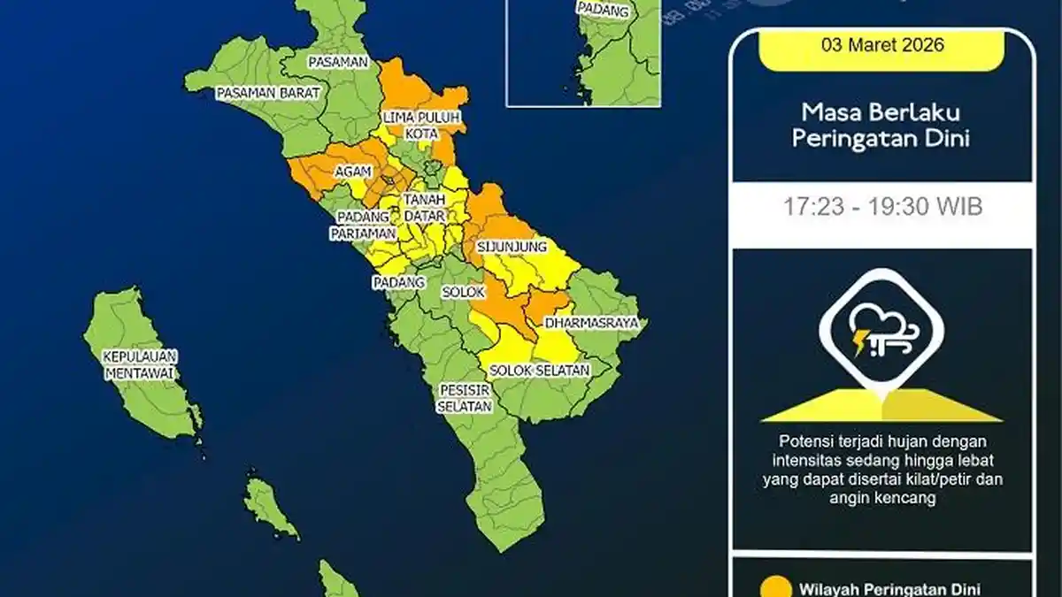 Peringatan Dini Cuaca Ekstrem di Sumbar Jelang Berbuka, Cek Daftar Wilayah Hujan Lebat