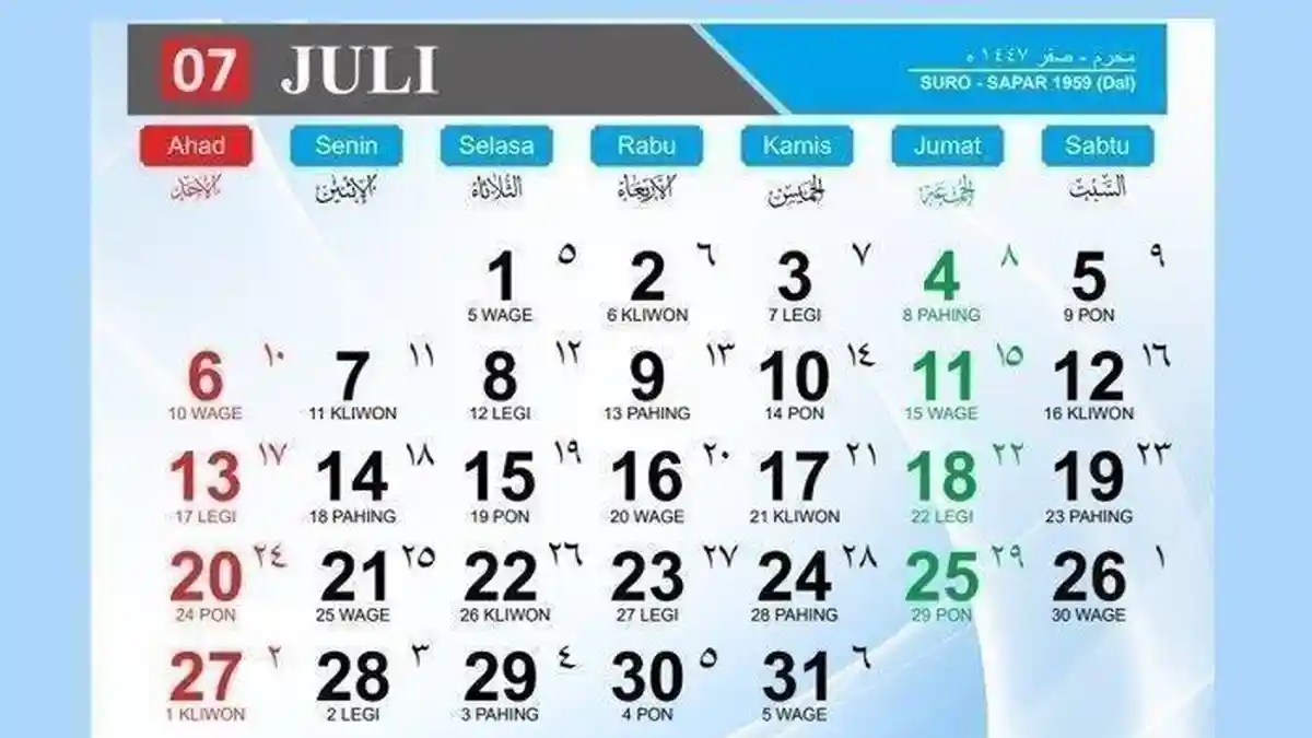 Kalender Jawa Bulan Juli 2025, Lengkap Penanggalan Hijriyah dan Jadwal Libur Nasional - Cuti Bersama