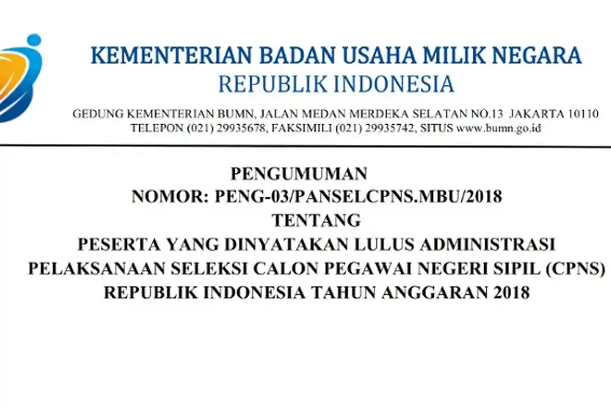 sscn.bkn.go.id - Hasil Seleksi Berkas CPNS 2018 Kementerian BUMN, 2.428 Lulus, Cek Nama Kamu!